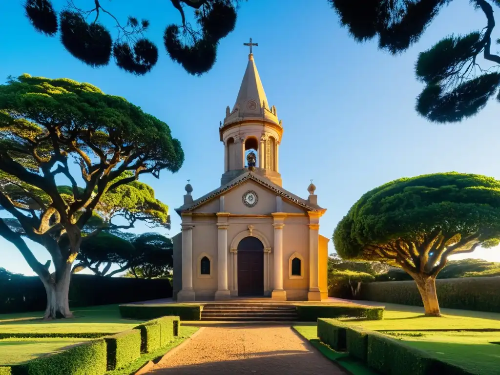 Capilla antigua en Montevideo, Uruguay, honrando la historia de la beata uruguaya María Francisca Rubatto, rodeada de jacarandas y un cielo sereno