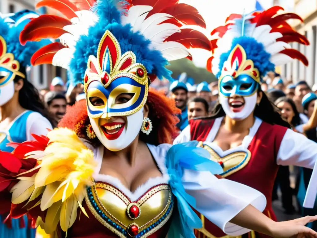 Carnaval Uruguay cultura tradición: bailarines vibrantes, máscaras de plumas, tambores de candombe y el Teatro Solís contrastando