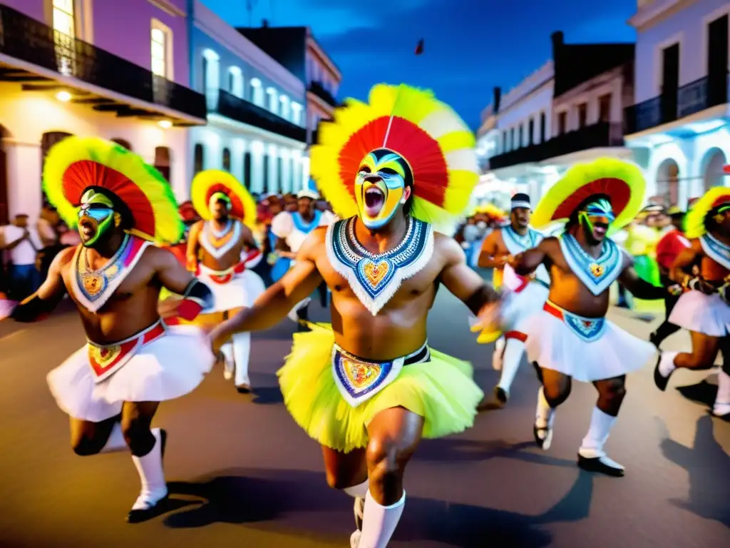 Carnaval Uruguay color música tradición: Bailarines vibrantes con trajes coloridos danzan al ritmo del Candombe en las calles históricas de Montevideo