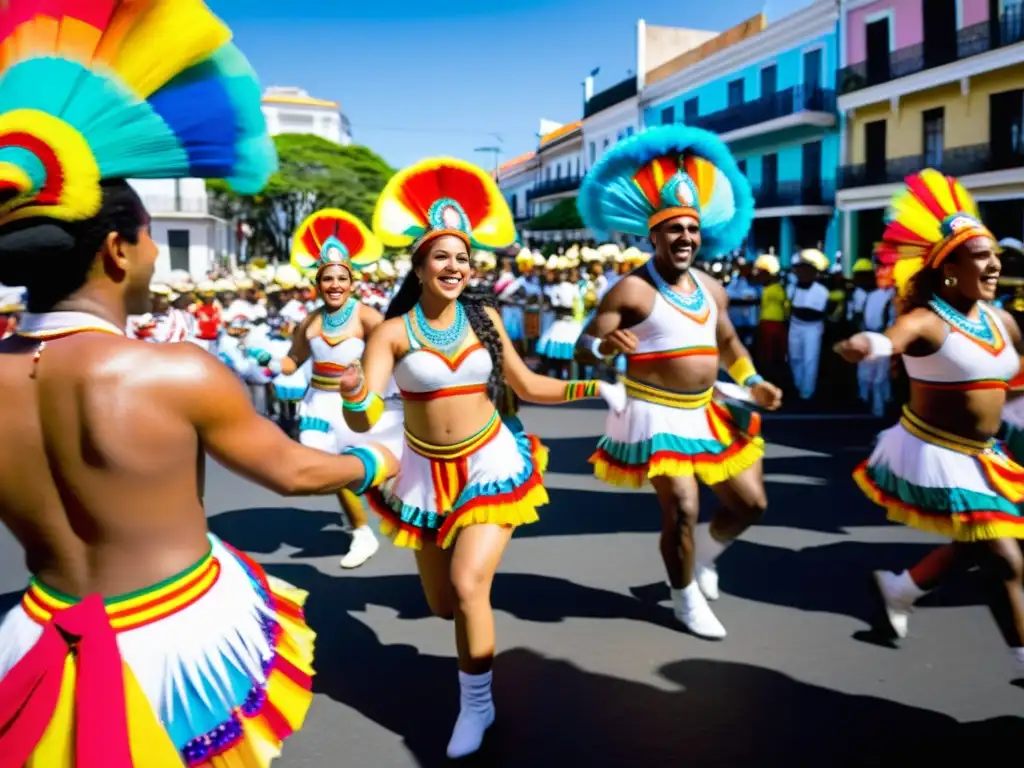 Carnaval Uruguay tradición color música: Danzantes y músicos llenan de vida y alegría la noche, en un desfile lleno de color y ritmo