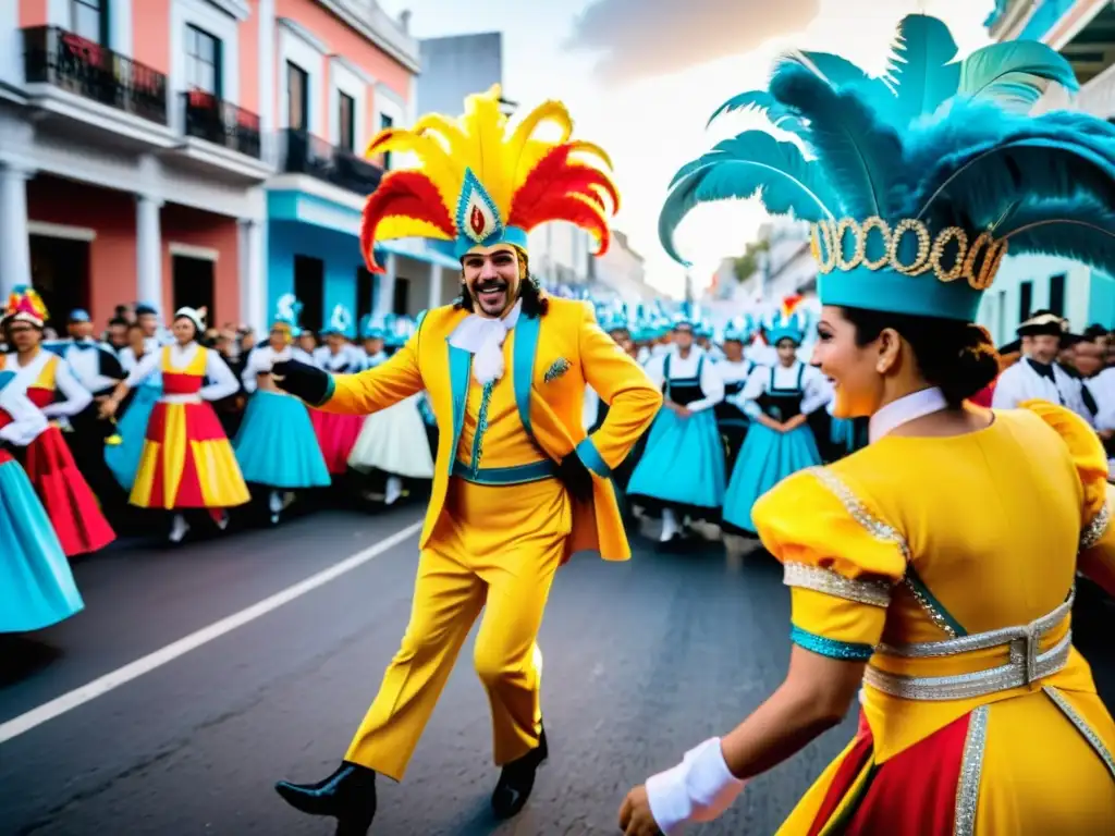 Carnaval Uruguay color música tradición: danzantes en trajes vibrantes, luces LED, multitudes emocionadas y arquitectura urbana al anochecer