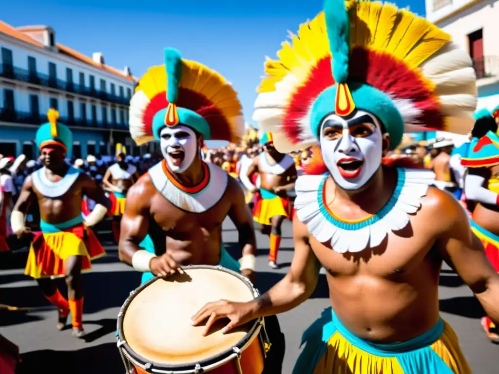 Carnaval Uruguay color música tradición: Escena vibrante de murga y candombe, bajo un cielo azul en Montevideo