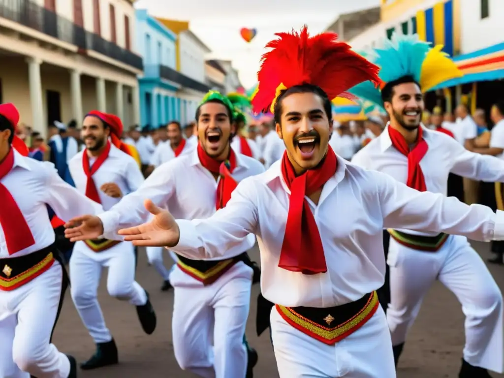 Candomberos danzando en el Carnaval Uruguay: festividad colorida y alegre, con espectadores eufóricos y el Palacio Salvo al atardecer