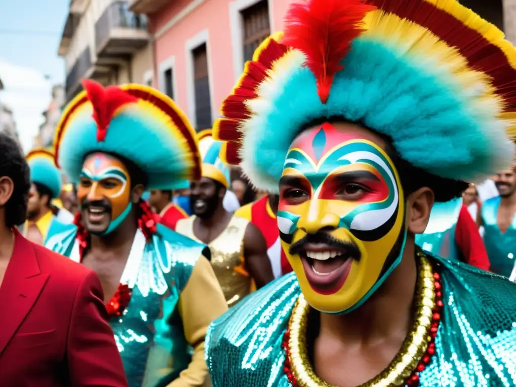 Carnaval Uruguay: festividad colorida y alegre, llena de rostros pintados, trajes brillantes y ritmo de tambores, bajo un cielo crepuscular