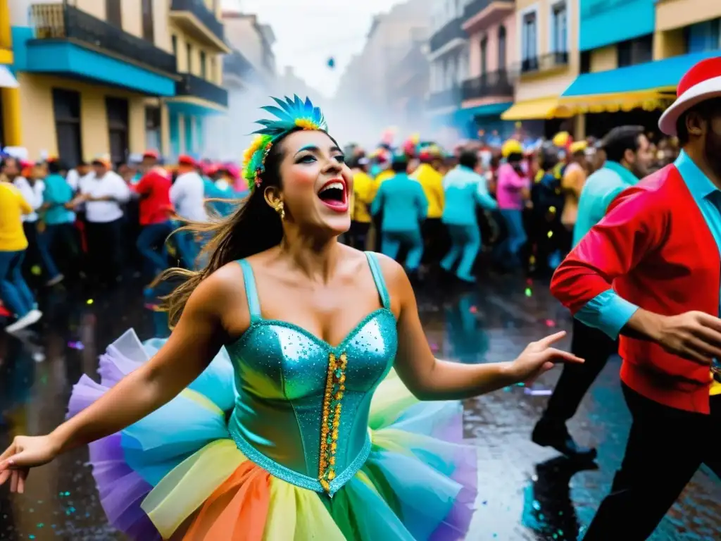 Carnaval Uruguay: festividad colorida y alegre, llena de danzantes jubilosos, confeti arcoíris y música vibrante al atardecer