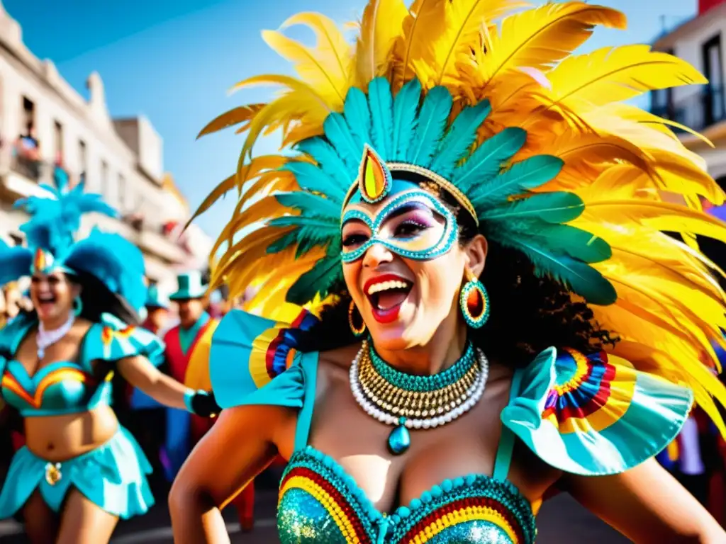 Carnaval Uruguay: festividad colorida y alegre, protagonistas danzando con pasión en la euforia de la noche llena de luz y ritmo