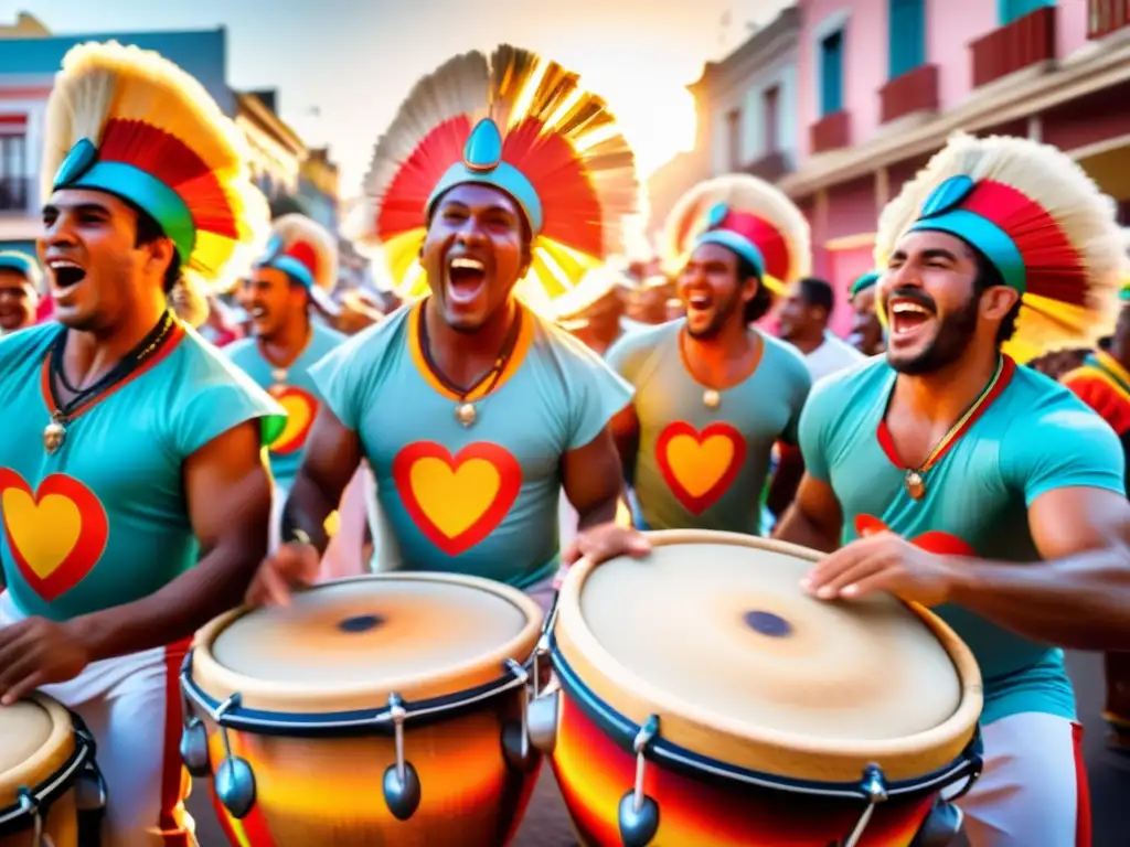 Carnaval Uruguay: festividad colorida y alegre, con tambores de Candombe en pleno apogeo, espectadores emocionados y una explosión de colores