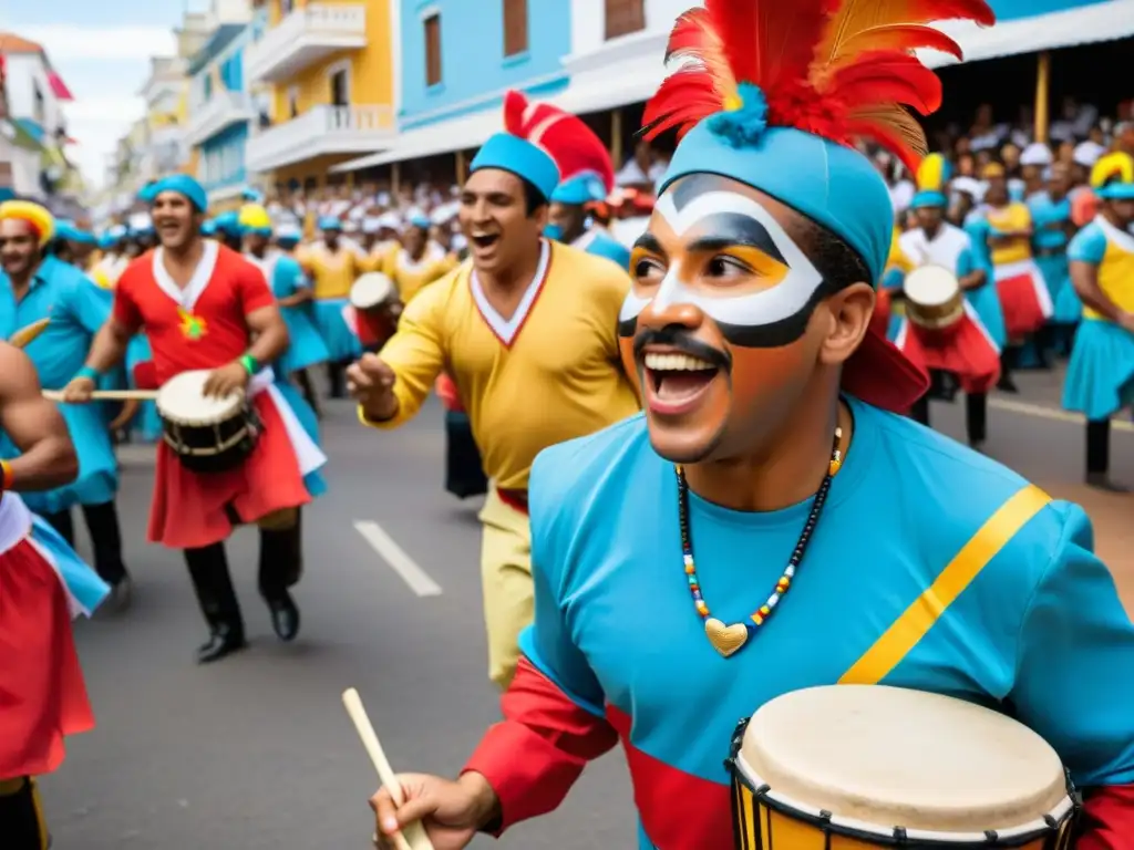 Carnaval Uruguay: festividad colorida y alegre con tambores de candombe, rostros pintados, y multitudes danzantes bajo un crepúsculo dorado