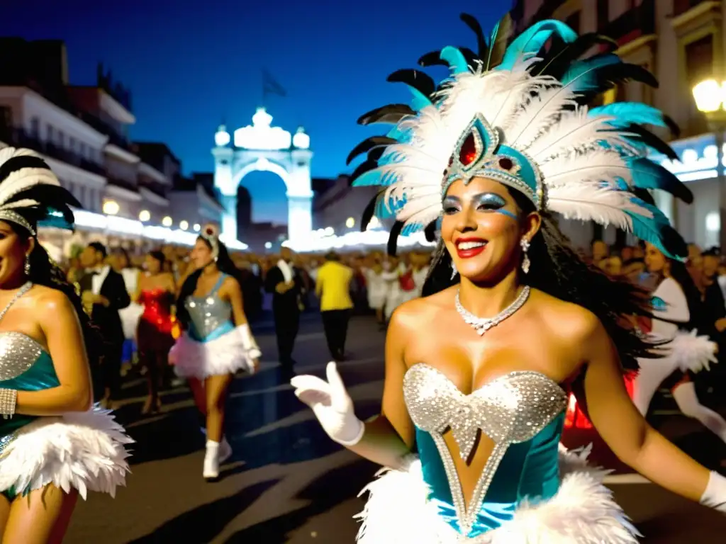 Carnaval de Montevideo, música y danza llenan las calles vibrantes con disfraces resplandecientes, estrellas brillan en el cielo nocturno