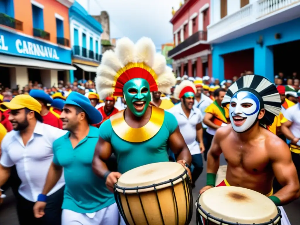 Carnaval Uruguay cultura tradición: enérgica escena de un desfile de Candombe lleno de colores, ritmos y alegría bajo la luz de Montevideo