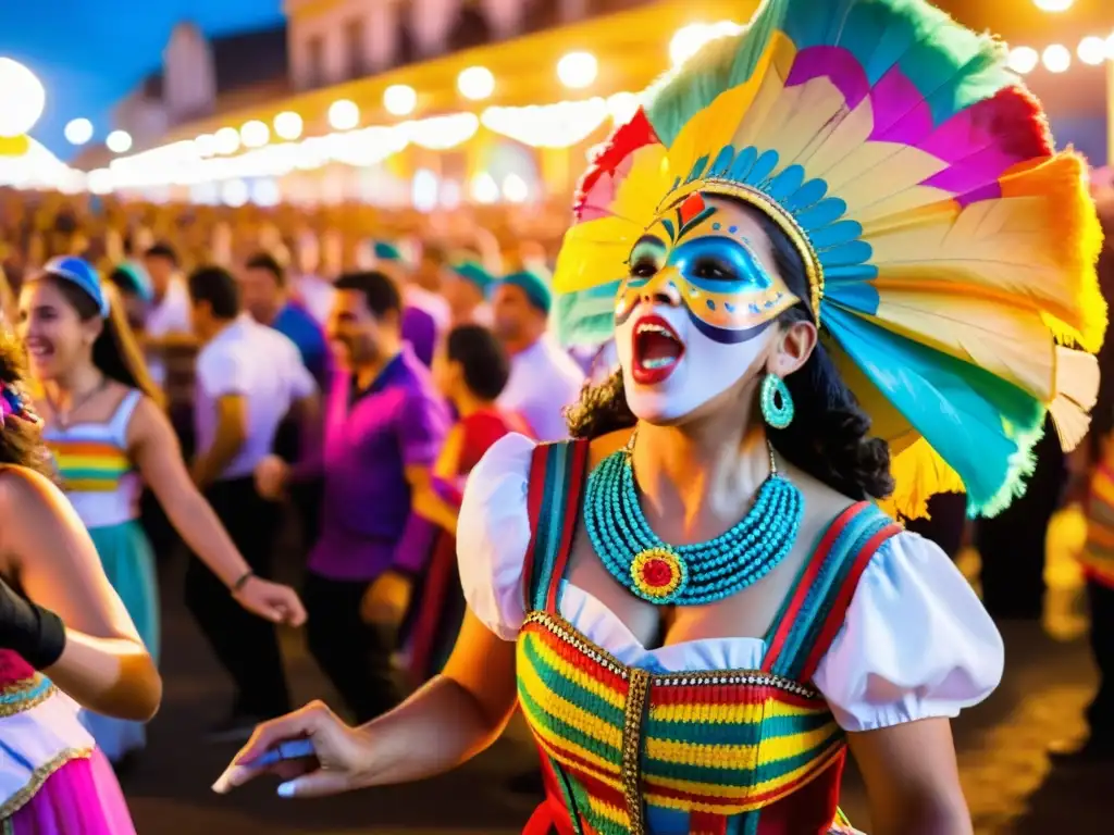 Carnaval Uruguay cultura tradición en su esplendor: Murgas desfilan, el público aplaude con el Palacio Salvo y Teatro Solís de fondo