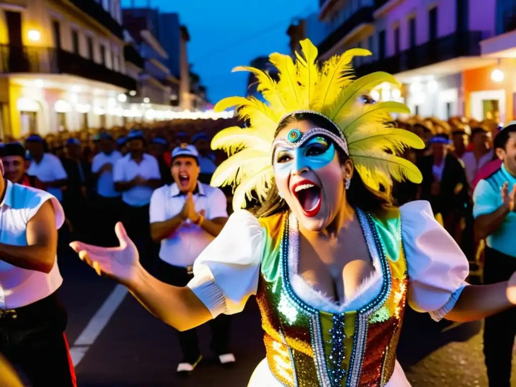 Carnaval en Uruguay fotografías: Murgas deslumbrantes y bailarina de Candombe enérgica danzando en las calles de Montevideo al atardecer