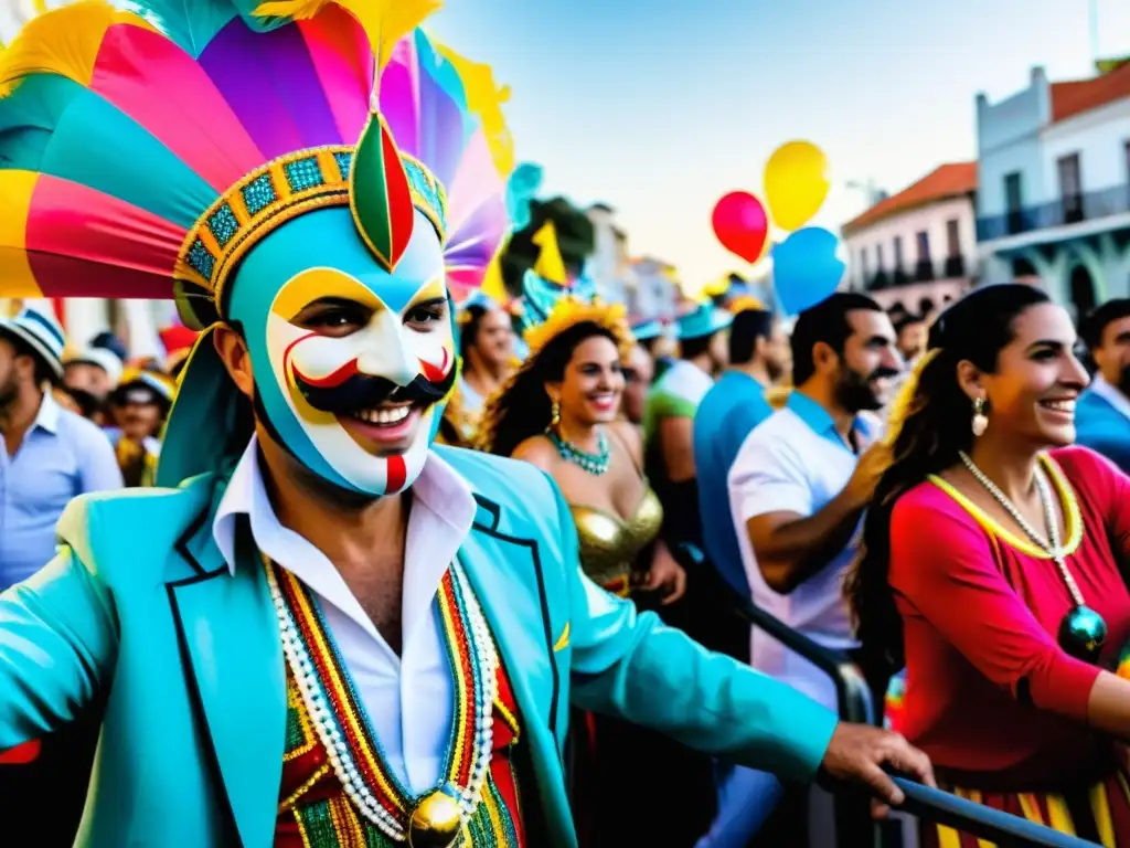 Carnaval Uruguay identidad diversidad cultural: desfile vibrante de murgas y tambores Candombe, bajo un cálido atardecer en calles coloniales llenas de espectadores