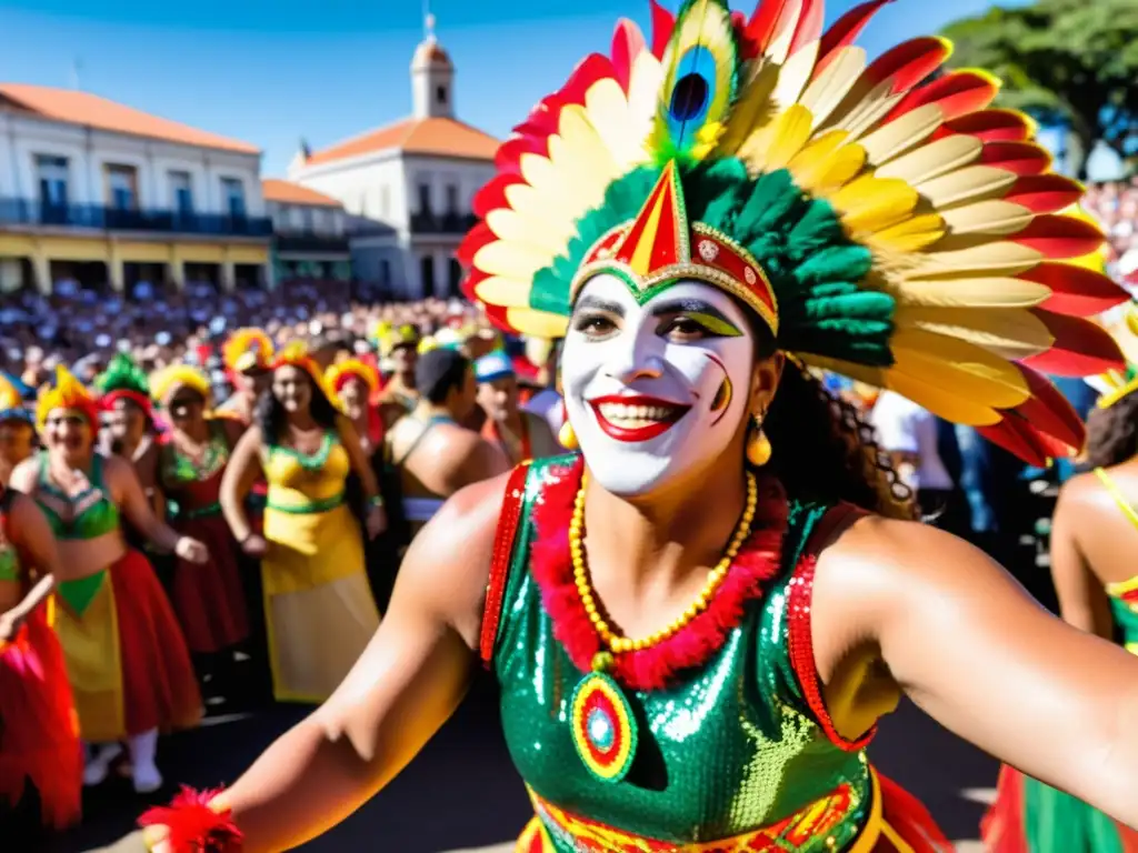 Carnaval Uruguay: magia, color, alegría brillando en los trajes y caras pintadas de los participantes, bajo un cielo azul festivo