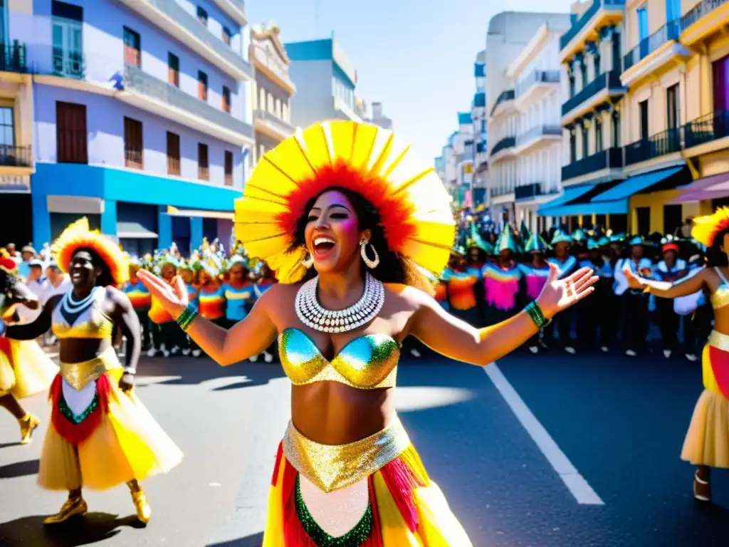 Carnaval Uruguay: magia, color, alegría en las calles de Montevideo llenas de bailarines y tambores vibrantes bajo un cálido sol dorado