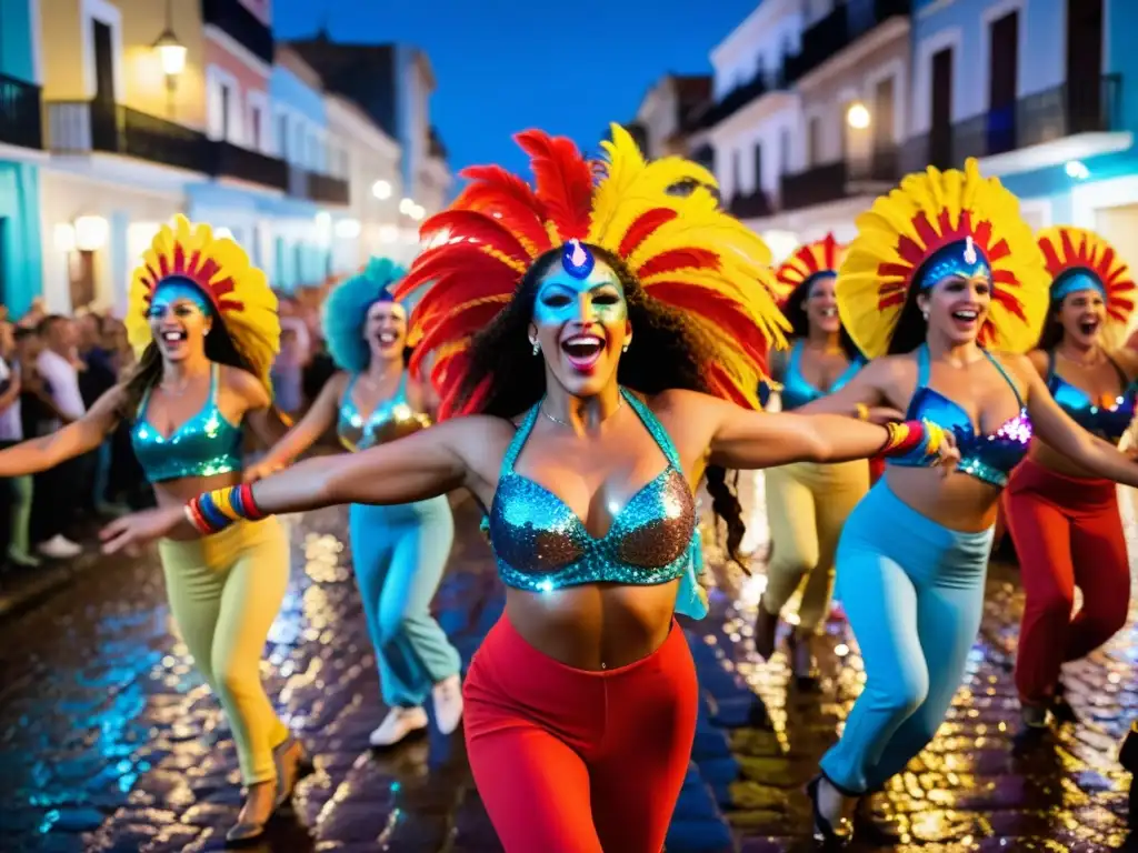 Carnaval Uruguay: magia, color, alegría en una escena vibrante de danzantes enérgicos y espectadores jubilosos, bajo una lluvia de confeti