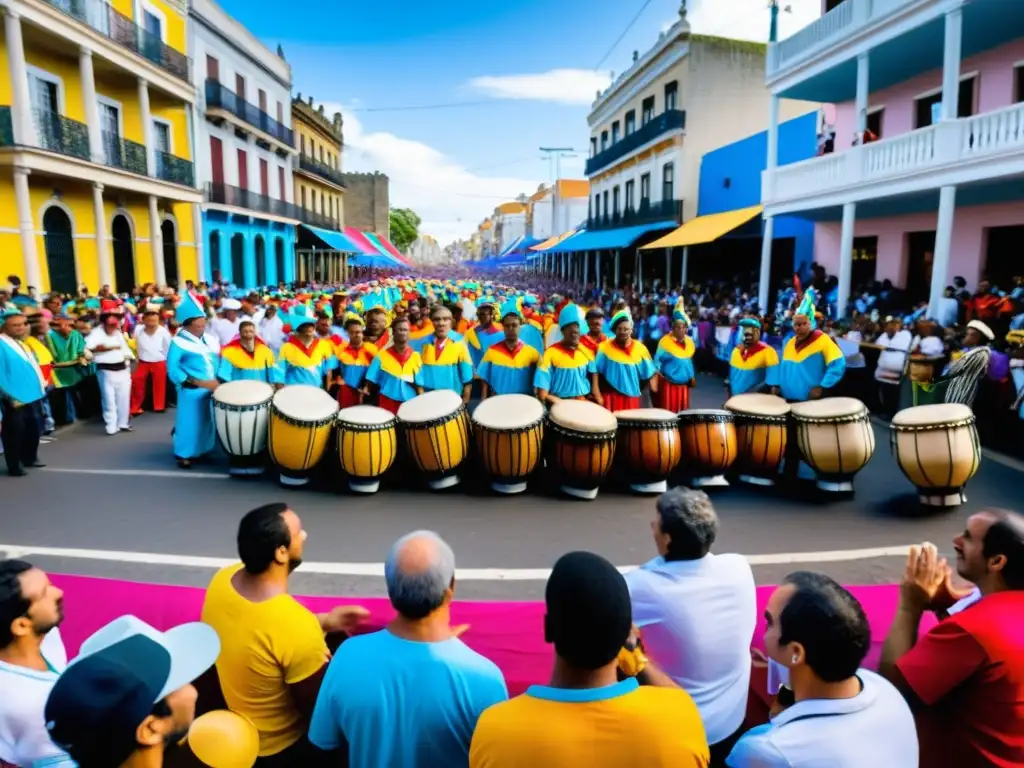 El carnaval de Uruguay en pleno apogeo, con vibrantes tambores de Candombe y Murgas teatrales reflejando las costumbres y folklore de Uruguay