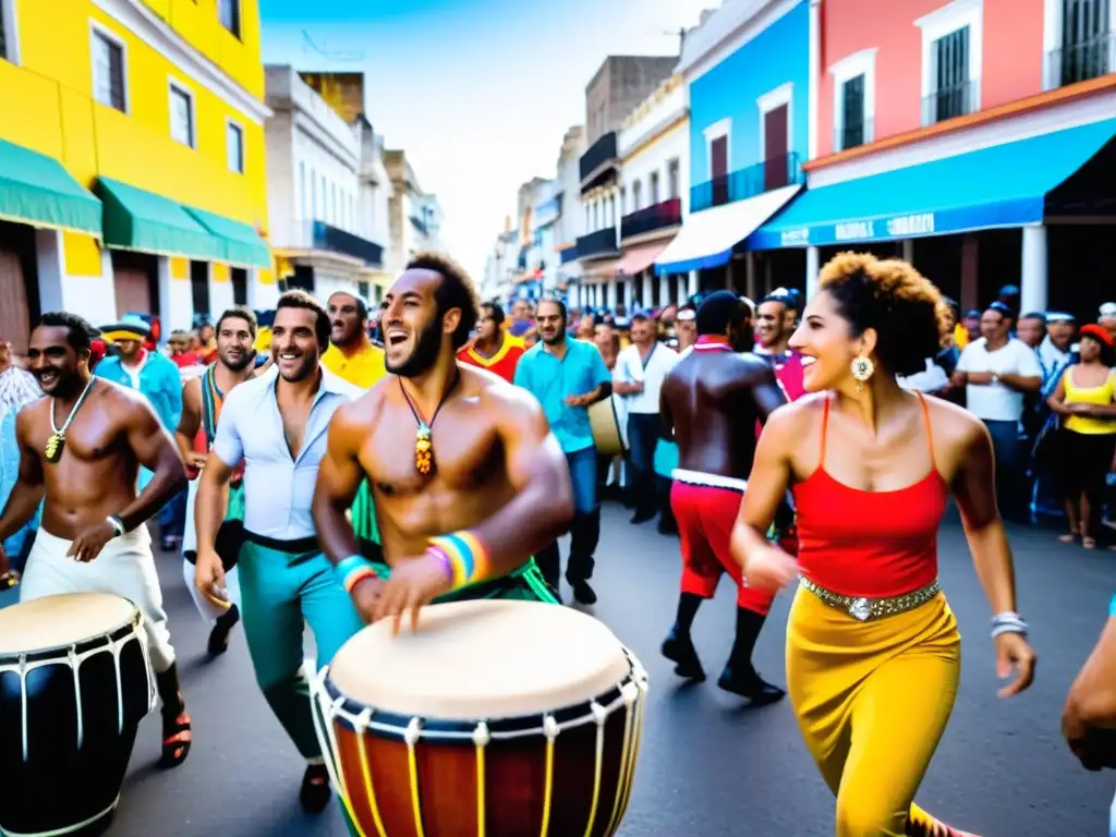 Carnaval en Montevideo, Uruguay, lleno de música popular uruguaya, coloridos músicos, y un cielo encendido