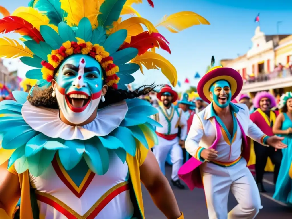 Carnaval Uruguayo 2022 fechas eventos, engalanando una vibrante imagen 8k con 'Murgas' coloridas, público entusiasta y fuegos artificiales sobre el Palacio Salvo