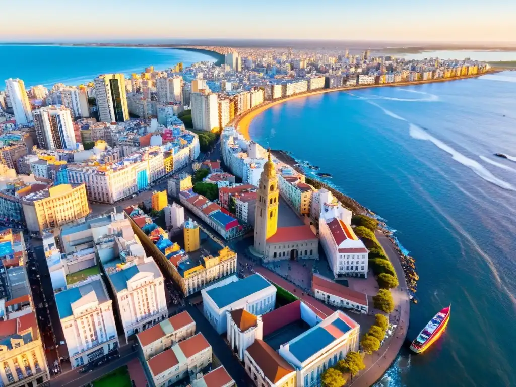 Carnaval de Montevideo, Uruguay 2022, vista aérea vibrante de eventos artísticos, danzantes coloridos y músicos tradicionales al atardecer