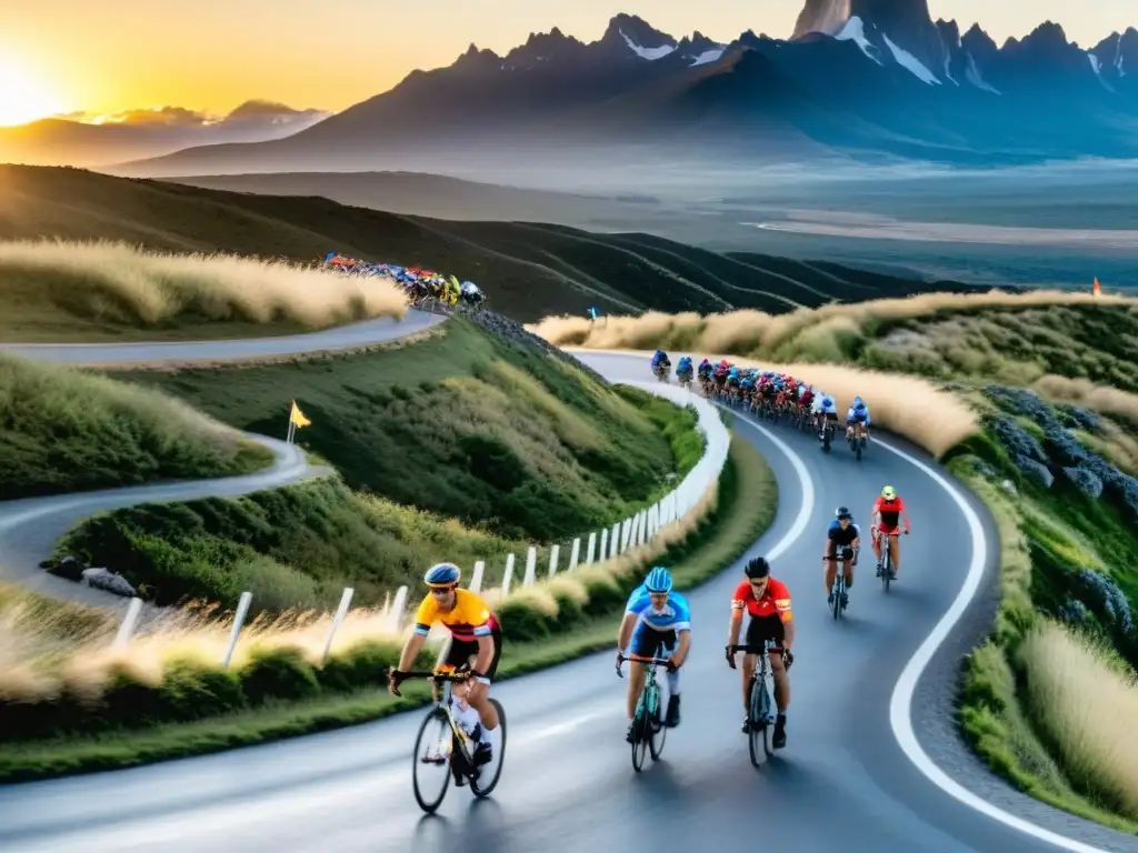 Carreras de ciclismo desafiantes en Uruguay: ciclistas luchando en un camino montañoso al atardecer, rodeados de naturaleza y aliento popular