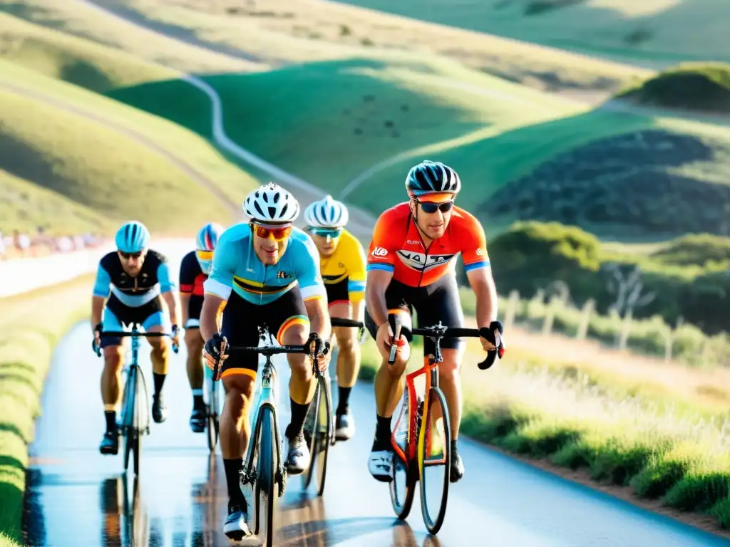 Carreras de ciclismo desafiantes en Uruguay, ciclistas determinados pedalean en un paisaje dorado por el sol