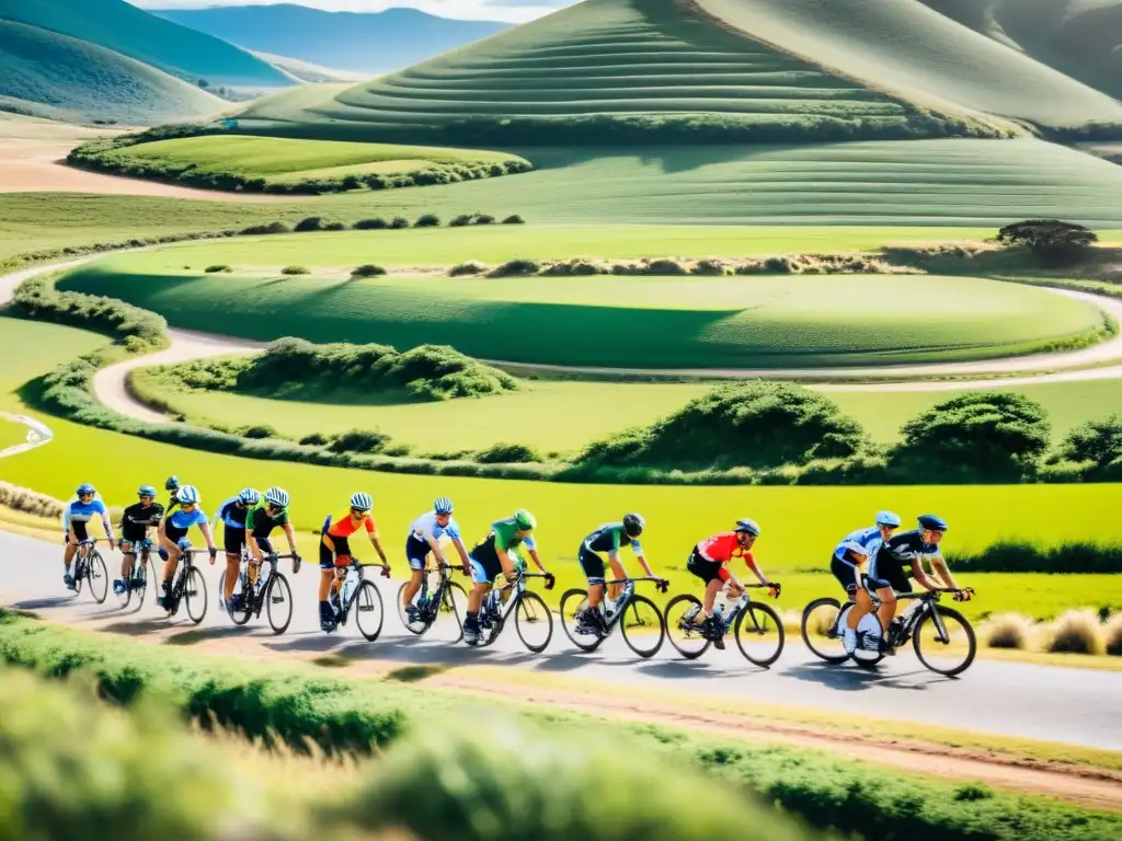 Carreras de ciclismo desafiantes en Uruguay: ciclistas determinados en pista sinuosa, rodeados por colinas verdes y un atardecer vibrante