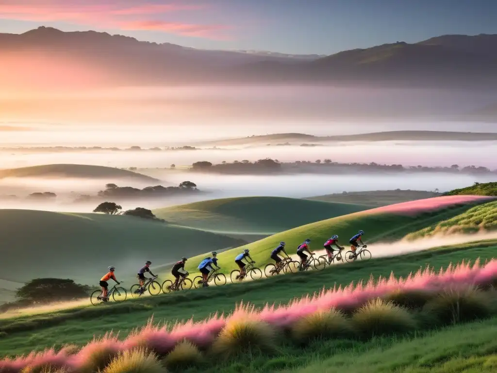 Carreras de ciclismo desafiantes en Uruguay al amanecer, con valientes ciclistas ascendiendo colinas verdes y espectadores animando con fervor patrio