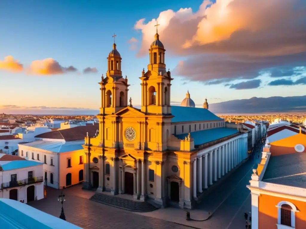 Catedral Basilica de San Juan Bautista, una de las catedrales más antiguas de Uruguay, iluminada por el atardecer dorado, bajo un cielo deslumbrante