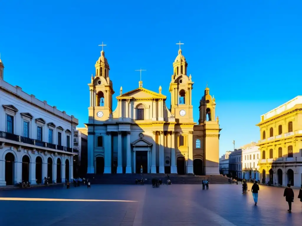 Catedrales más antiguas Uruguay: La majestuosa Catedral de Montevideo, joya neoclásica, bañada en luz dorada, acoge a lugareños y turistas