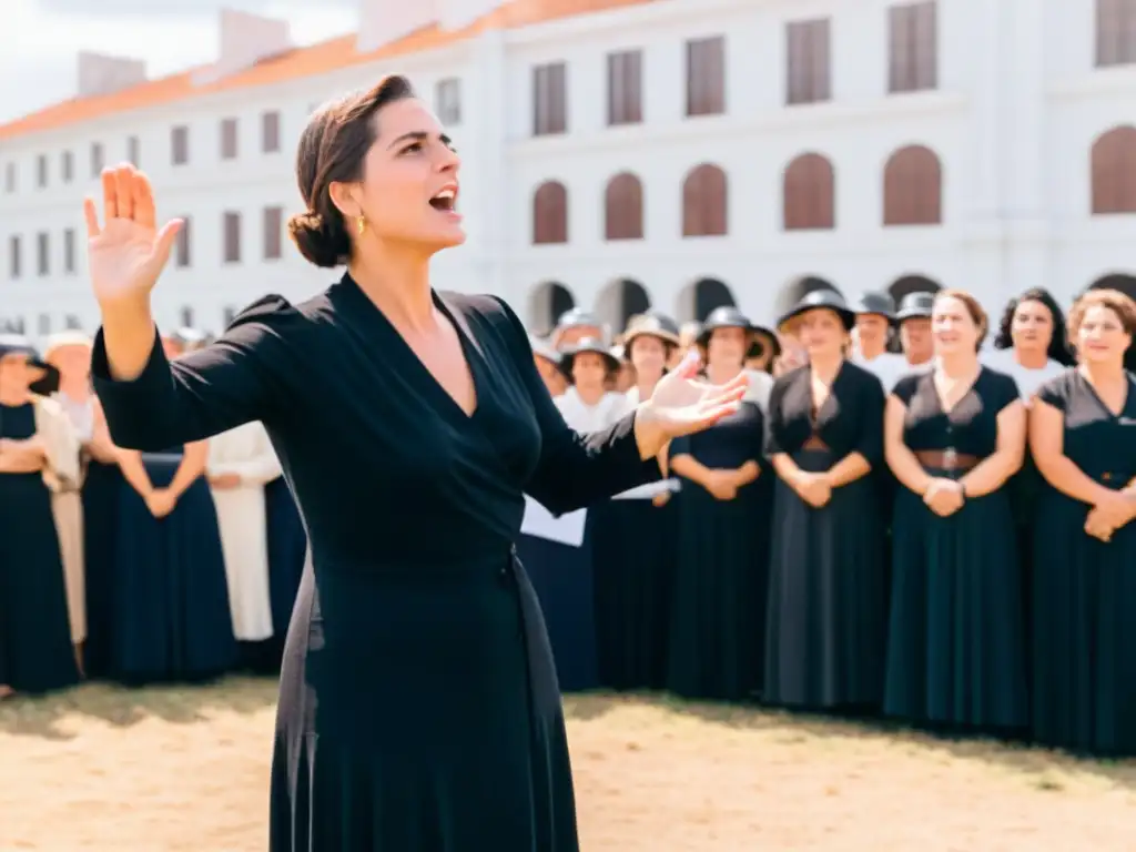 Paulina Luisi, figura central de la lucha por los derechos de la mujer, apasionadamente dirige una manifestación en la década de 1920 en Uruguay