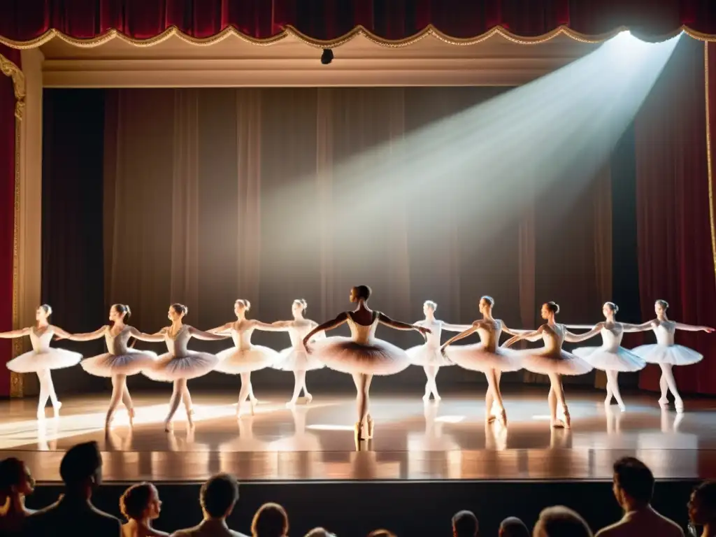 En el centro de un teatro opulento, bailarines de ballet en un evento de danza prestigioso en Uruguay, deslumbran a la audiencia