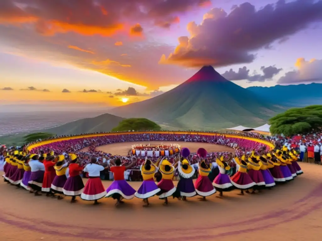 Ceremonia de Candombe uruguayo bajo un cielo colorido, reflejando la influencia africana en la cultura uruguaya