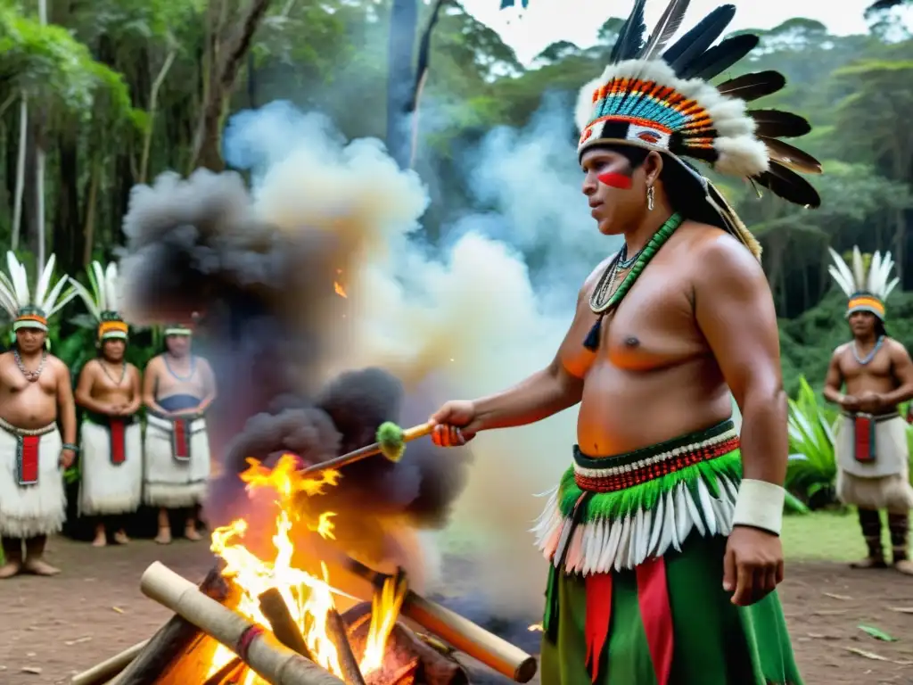 Ceremonia indígena vibrante en una exuberante selva uruguaya, danzas alrededor de una hoguera, la influencia indígena en la cultura de Uruguay