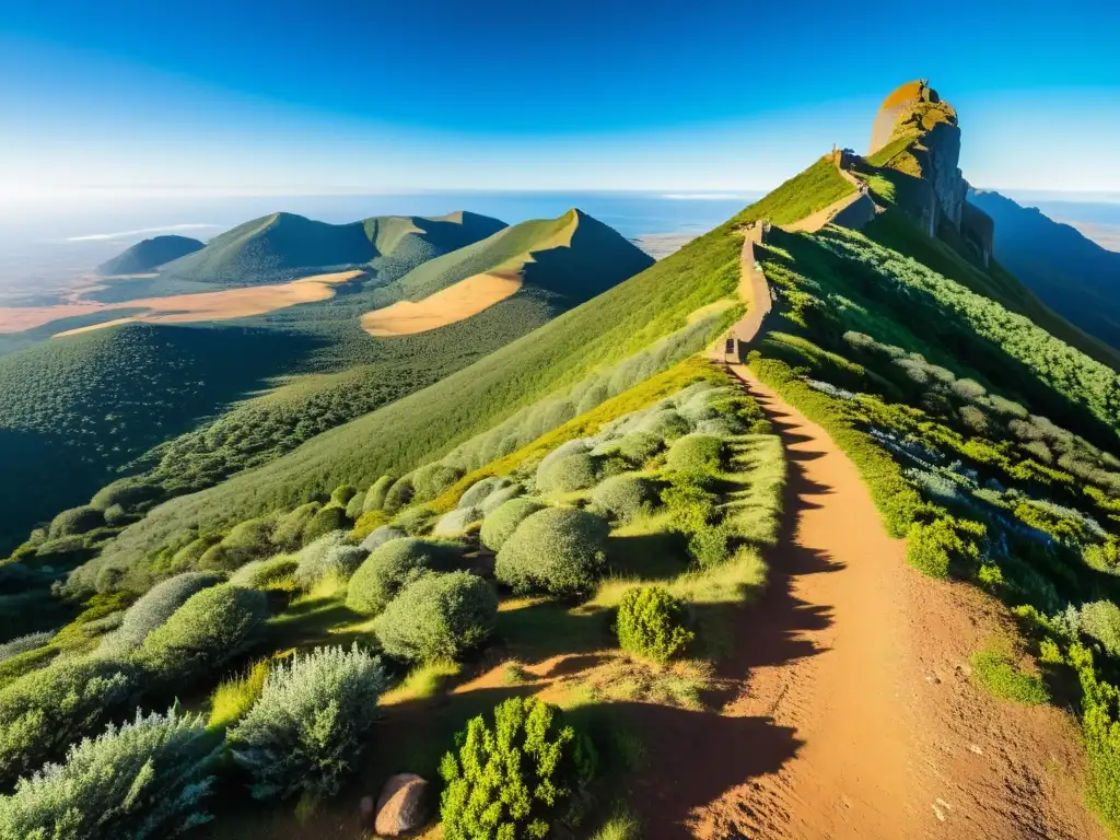 Fotografiando el Cerro Catedral, Uruguay, bajo un cielo azul, la cima más alta revestida de verde esmeralda irradiando una luz cálida y dorada