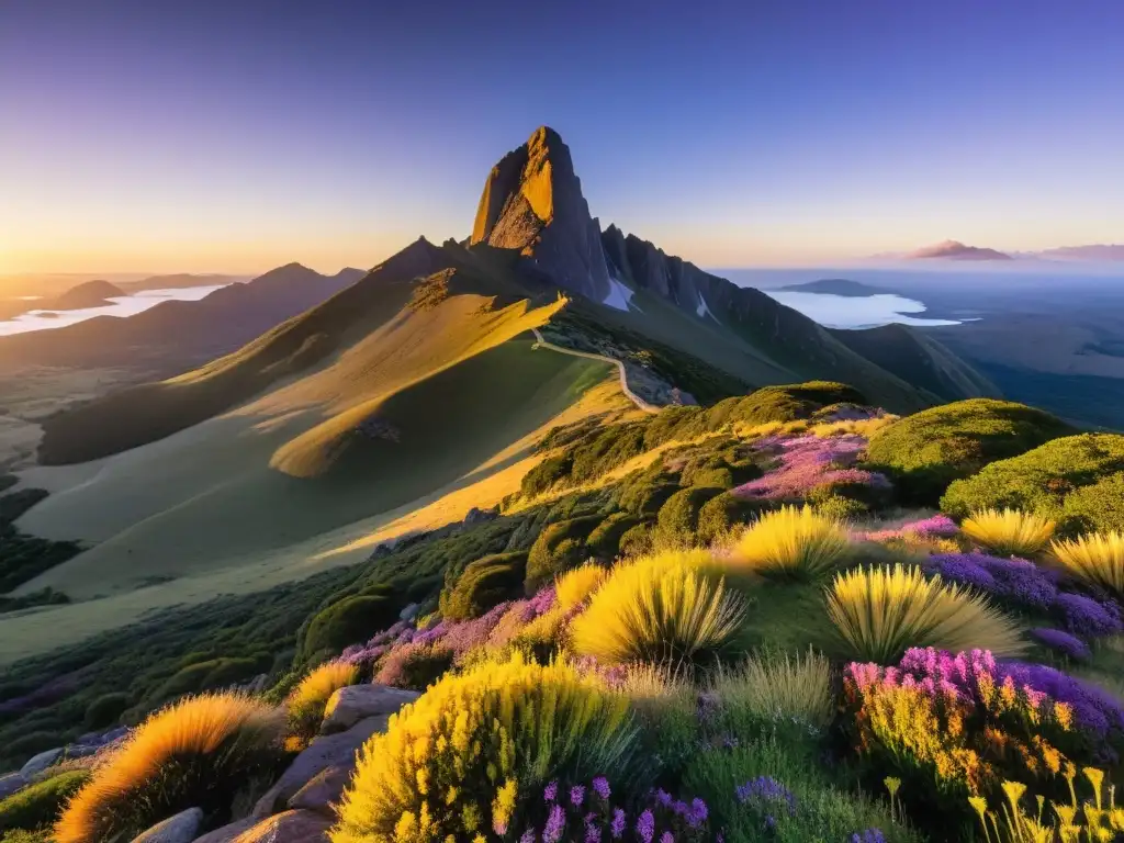 Fotografiando el Cerro Catedral Uruguay, el pico más alto, bañado por la luz dorada del atardecer, reflejándose en un lago tranquilo