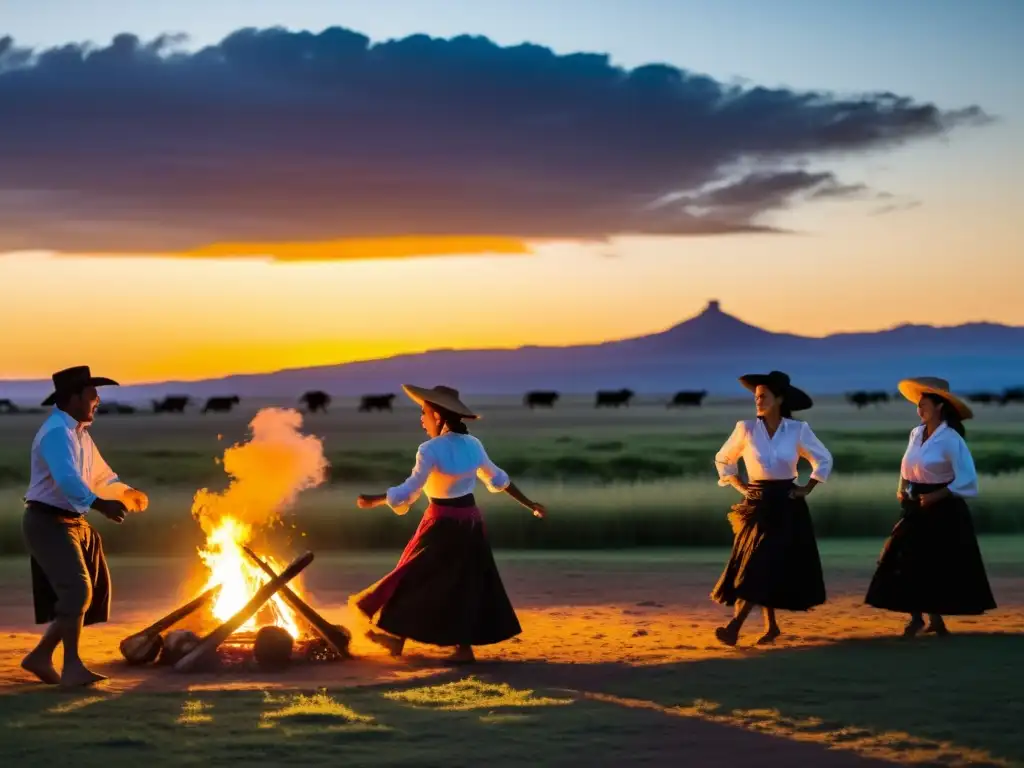 Charrúas en danza tradicional al atardecer, resiliencia cultura indígena de Uruguay, reverenciando su legado junto al fuego