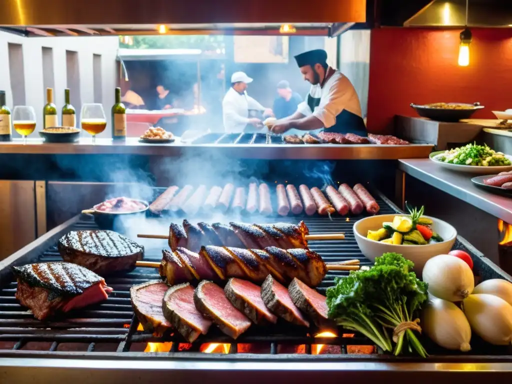 Chef preparando un asado en un bullicioso restaurante uruguayo durante la noche, rodeado de coloridos vegetales y vinos locales