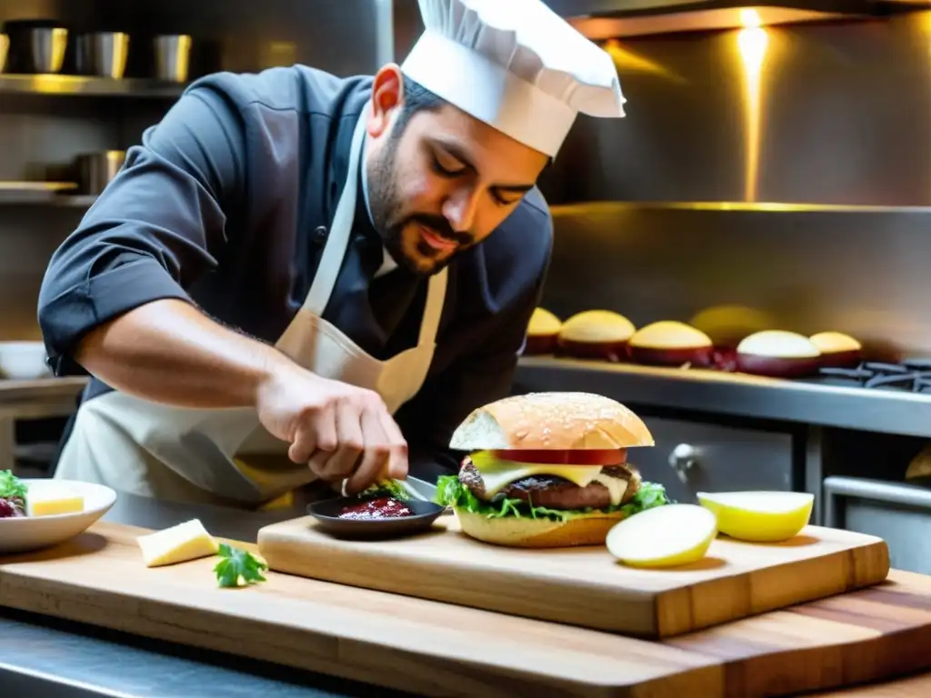 Chef de ascendencia francesa prepara con esmero un chivito, joya de la gastronomía uruguaya, en una cocina llena de vida