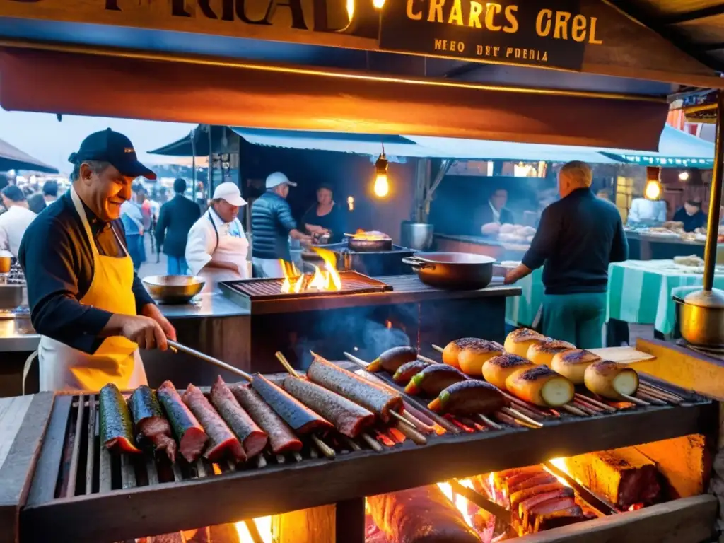 Chef prepara carnes en parrilla en el bullicioso Mercado del Puerto, Montevideo, reflejando las tradiciones culturales uruguayas en fotografía