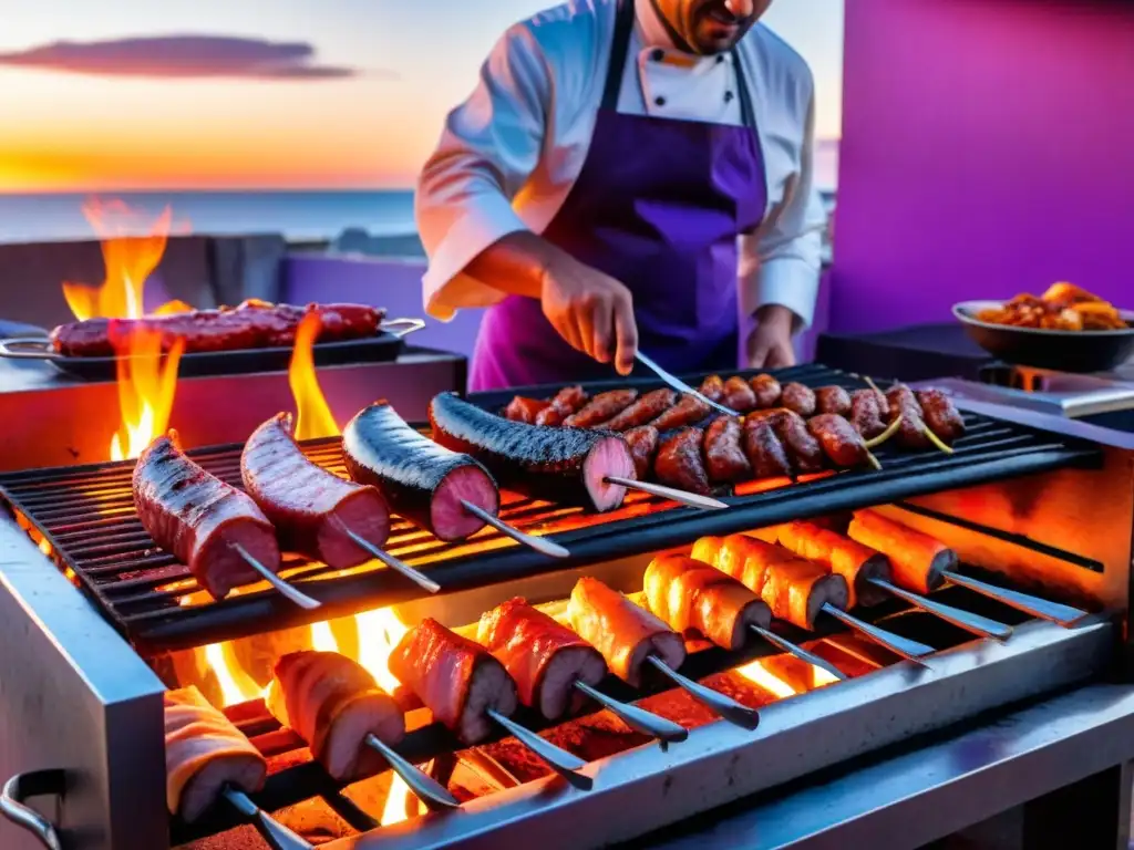 Chef concentrado preparando suculentas parrilladas tradicionales en Uruguay, rodeado de comensales alegres en el cálido atardecer montevideano