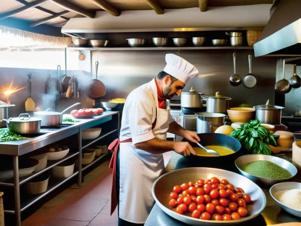 Un chef en una concurrida cocina uruguaya, mezclando la gastronomía uruguaya influencia inmigrantes con ingredientes italianos vibrantes