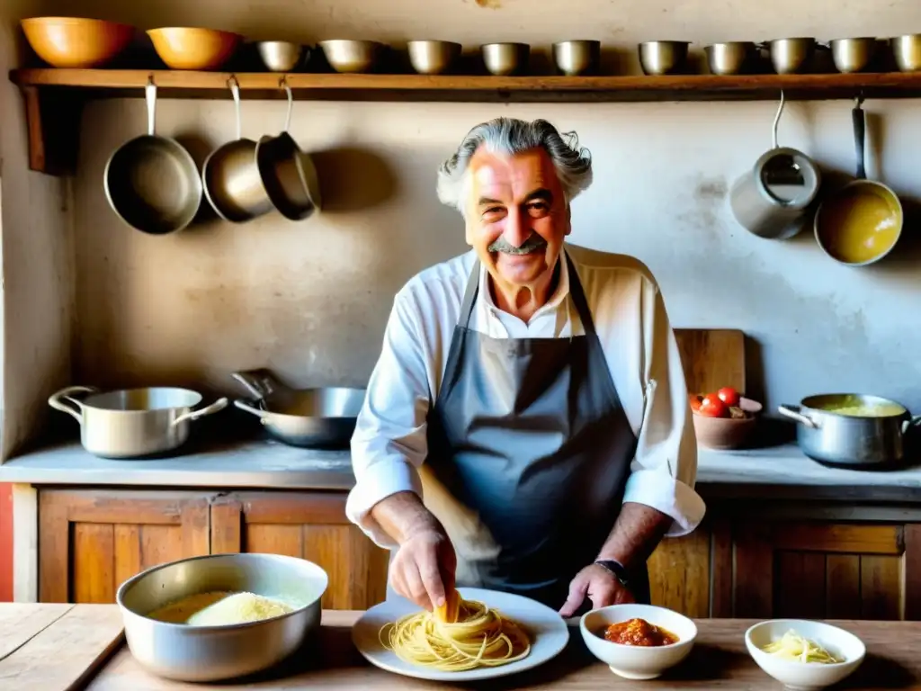 Chef ítalo-uruguayo, arrugado pero vivaz, amasa con maestría la pasta en una antigua cocina, evocando la cálida tradición de pasta italiana en Uruguay