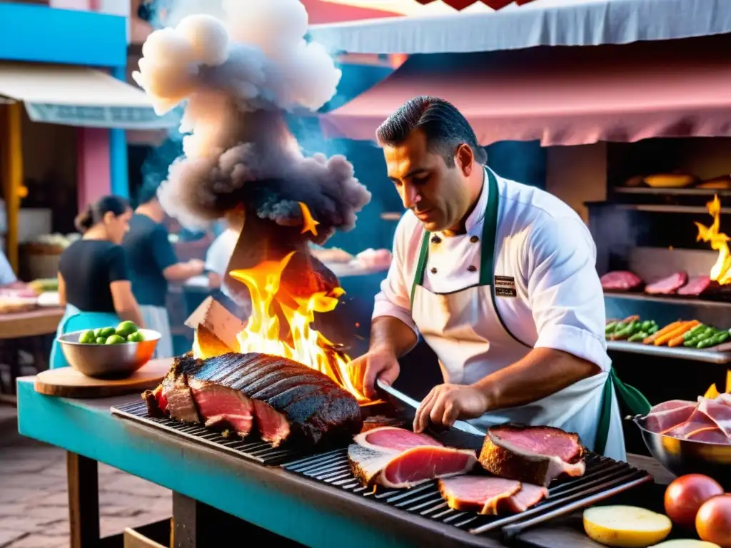 Chef local preparando el platillo tradicional uruguayo Chivito en un vibrante mercado al atardecer, rodeado de frescos ingredientes y expectantes comensales