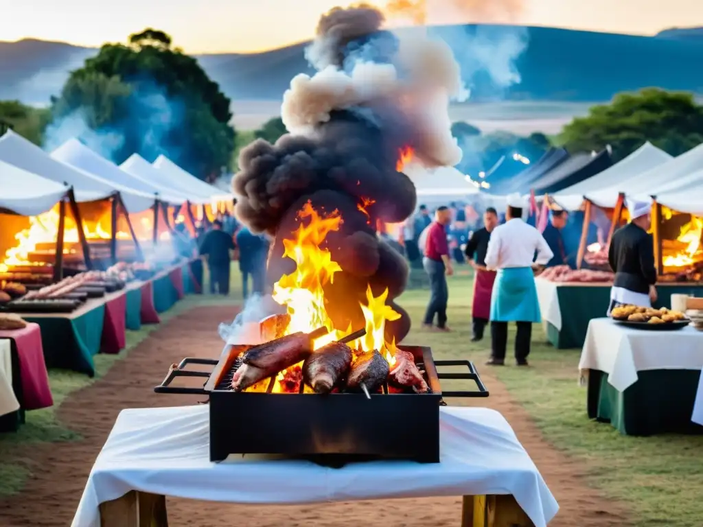 Chef en traje de gaucho prepara asado en masiva parrilla en un evento gastronómico en Uruguay, bajo un vibrante atardecer