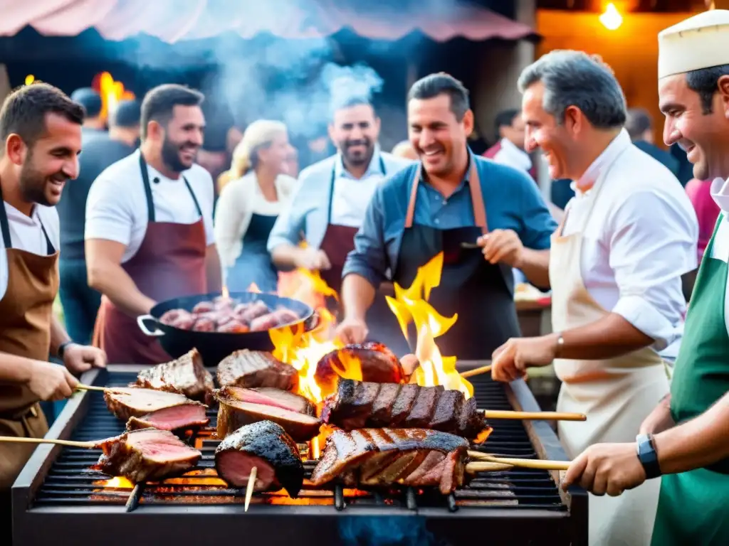 Chefs locales preparando un asado en uno de los eventos gastronómicos sorprendentes Uruguay, bajo un atardecer dorado en Montevideo