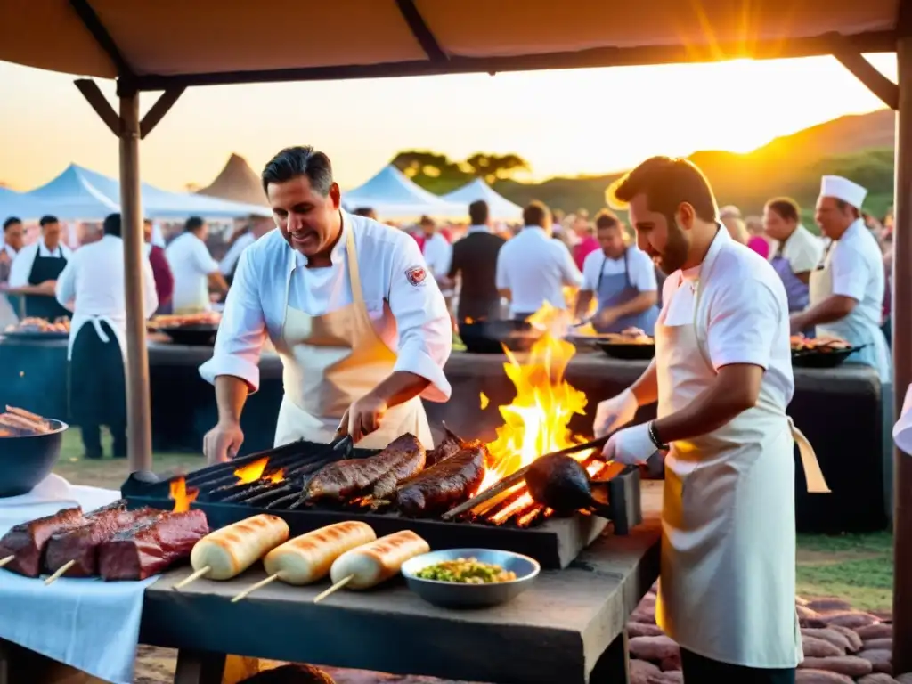 Chefs locales preparando Asado en 'Festivales Gastronómicos Tradicionales Uruguay', bajo un sol dorado, rodeados de gente feliz