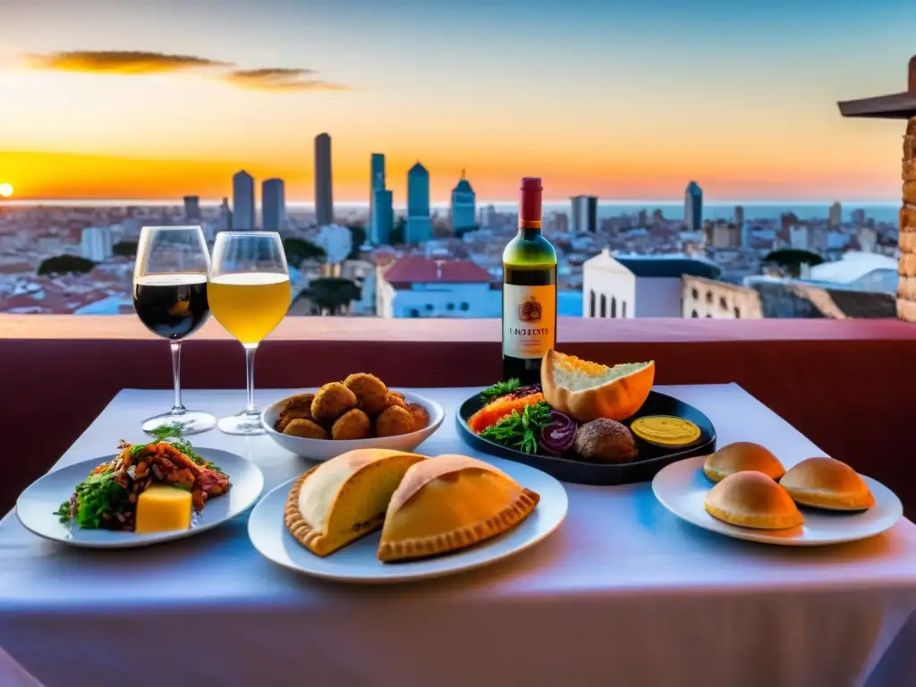 Chivito, asado y empanadas en una mesa uruguaya, con vino Tannat y vista de Montevideo, reflejo de los mejores restaurantes gastronomía Uruguay