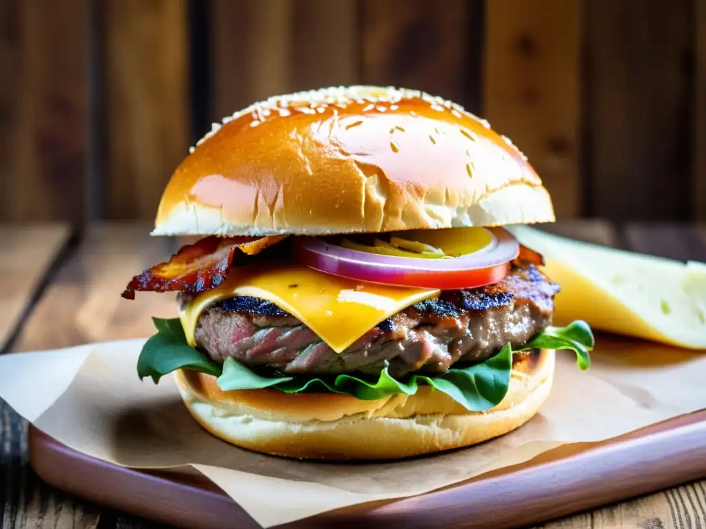 Chivito, la deliciosa hamburguesa uruguaya, recién preparada en una mesa rústica, rodeada de patatas fritas crujientes y una cerveza fría, bajo la luz natural suave