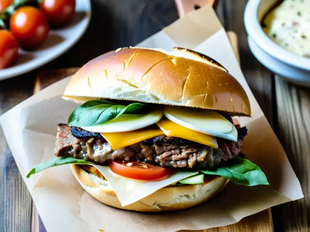 Chivito, la deliciosa hamburguesa uruguaya, estrella en una mesa rústica, acompañada de patatas doradas y un vino Tannat